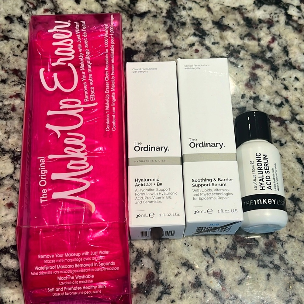 The Ordinary Hyaluronic + Soothing Serum + Makeup Eraser + Inkey List Serum!